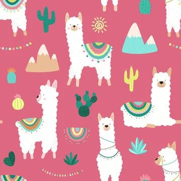 Seamless pattern of cute hand-drawn white llamas or alpacas, cacti, mountains Illustrazione stock