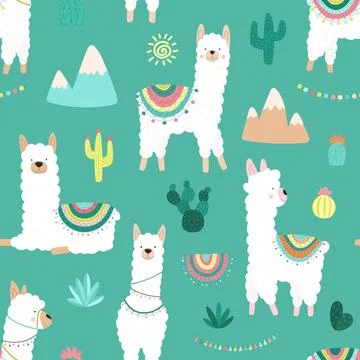 Seamless pattern of cute hand-drawn white llamas or alpacas, cacti, mountains Illustrazione stock
