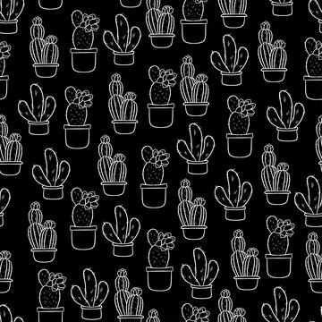 Seamless pattern with cute hand-drawn cacti black background. 스톡 일러스트