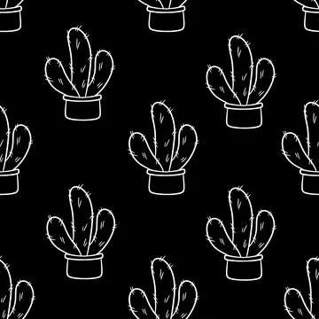 Seamless pattern with cute hand-drawn cacti black background. Illustrazione stock