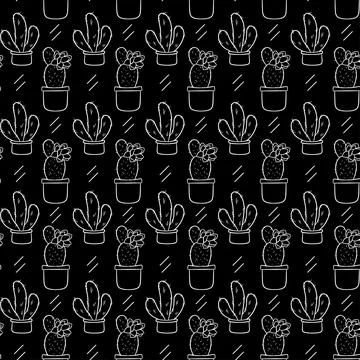 Seamless pattern with cute hand-drawn cacti black background. 스톡 일러스트