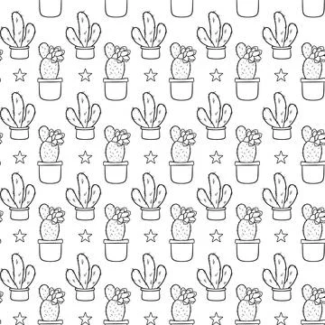 Seamless pattern with cute hand-drawn cacti white background. 스톡 일러스트