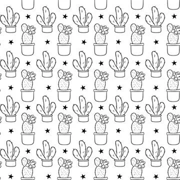 Seamless pattern with cute hand-drawn cacti white background. 스톡 일러스트