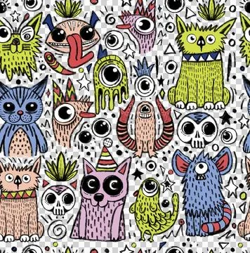 Seamless pattern with cute hand drawn monsters. Character illustration Stock Illustration
