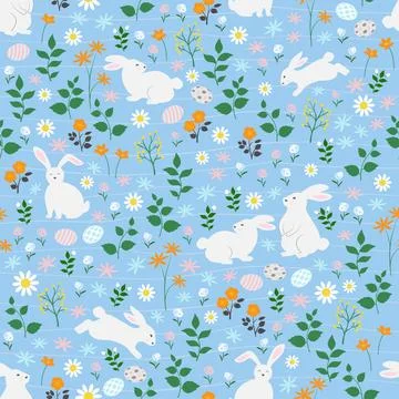 Seamless pattern with cute hand drawn easter bunnies on springtime for deco.. Stock Illustration