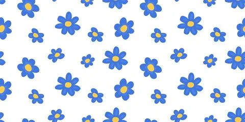 Seamless pattern with cute hand drawn blue flowers and yellow centers on whit Stock Illustration