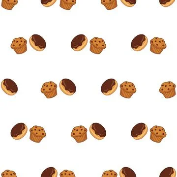Seamless pattern with cute hand drawn muffins and donuts on white background. Illustrazione stock