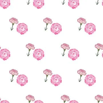 Seamless pattern with cute hand drawn pink flowers on white background. Illustrazione stock