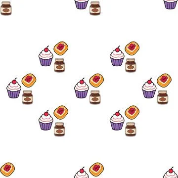 Seamless pattern with cute hand drawn bakery items cupcakes and jam jars. Stock Illustration