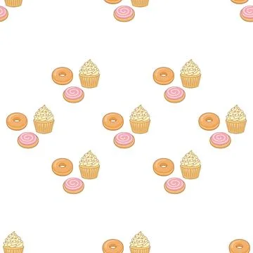 Seamless pattern with cute hand drawn bakery items like cupcakes and donuts. Stock Illustration