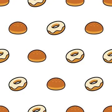 Seamless pattern with cute hand drawn donuts and buns for bakery background. Stock Illustration