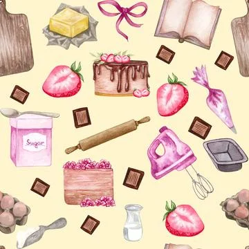 Seamless pattern with cute hand drawn dessert, tea and baking theme doodle... Stock Photos