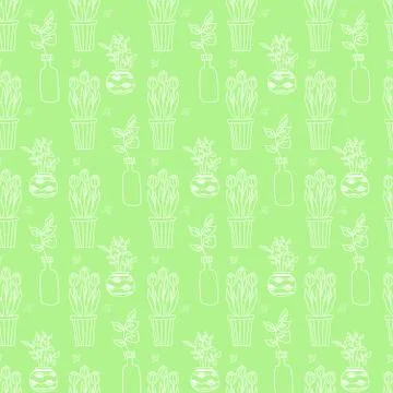 Seamless pattern with cute hand-made white drawings of house plants in pots Stock Illustration
