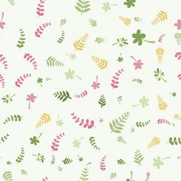 Seamless pattern with cute handdrawn leaves and flowers isolated on white b.. Stock Illustration