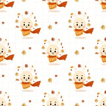 Seamless pattern with Cute happy Autumn Bunny with Fall Leaves on white che.. Stock Illustration