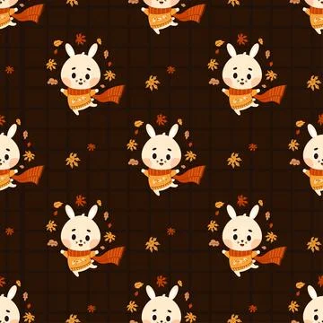 Seamless pattern with Cute happy Autumn Bunny with Fall Leaves on brown che.. Stock Illustration