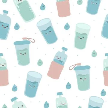 Seamless pattern with cute  happy funny bottles and glasses. vector cartoon k Stock Illustration