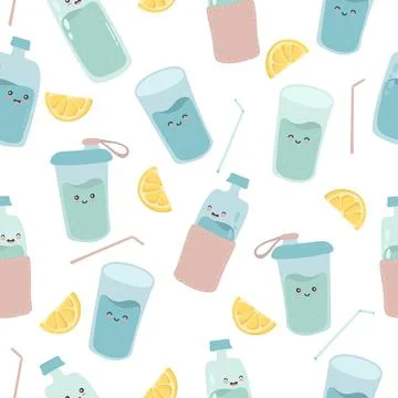 Seamless pattern with cute happy funny bottles, glasses, leamon. vector carto Stock Illustration