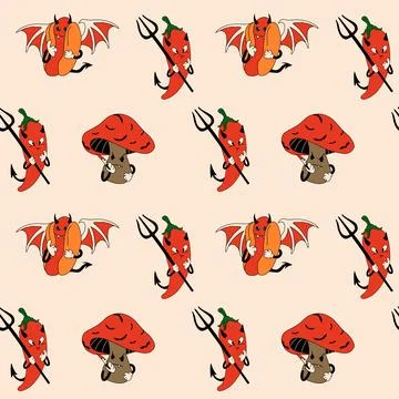 Seamless pattern with cute, happy, funny hot dog, pepper devil and mushroom Stock Illustration