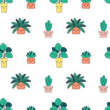 Seamless pattern with cute happy houseplants Stock Illustration