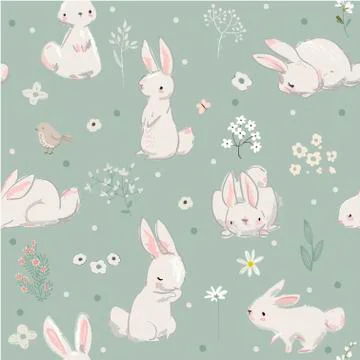 Seamless pattern with cute hares with balloons Stock Illustration