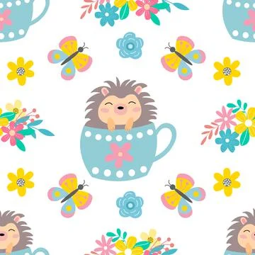 Seamless pattern a cute hedgehog in a blue cup Stock Illustration