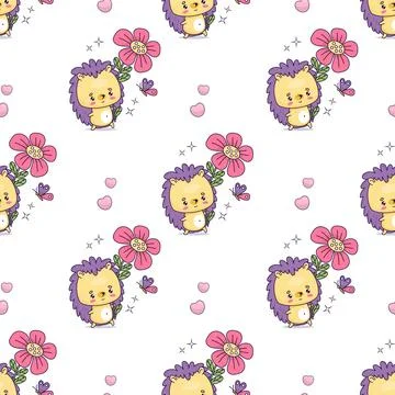 Seamless pattern with cute hedgehog character with flower on white backgrou.. Stock Illustration