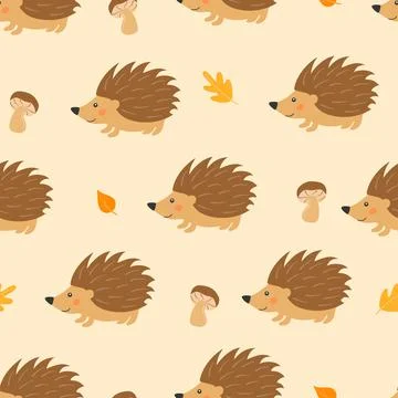 Seamless pattern with cute hedgehog, mushrooms and autumn leaves in cartoon.. Stock Illustration