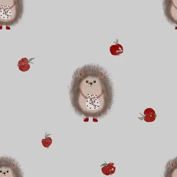 Seamless pattern cute hedgehog with red apples on a gray background. baby Stock Illustration