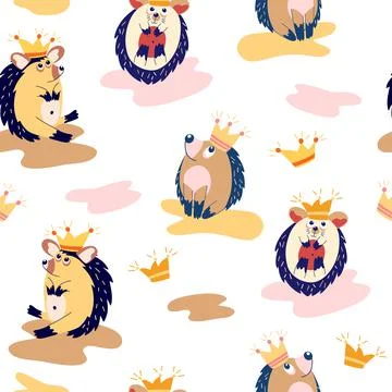 Seamless pattern with cute hedgehogs. Forest animals. Hedgehogs in crowns. sc Stock Illustration