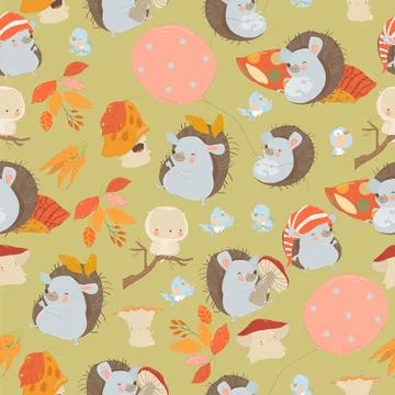 Seamless Pattern with Cute Hedgehogs, Mushrooms and Colorful Autumnal Leaves Stock Illustration