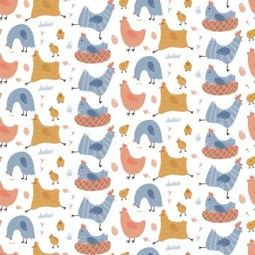 Seamless pattern with cute hens. Color creative baby texture with chickens and Stock Illustration