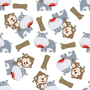 Seamless pattern of cute hippo and monkey playing together Illustrazione stock