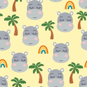 Seamless pattern with cute hippo animal faces. Illustration in boho style, dr イラスト素材