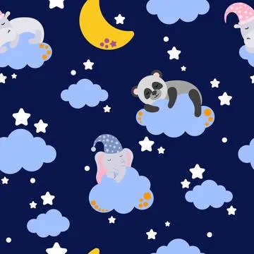 Seamless pattern. Cute hippo, panda and elephant are sleeping on a cloud on a Stock Illustration