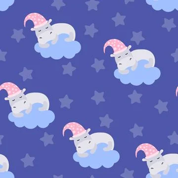 Seamless pattern. Cute hippo sleeps on a cloud on a blue background. Lullaby  Illustrazione stock