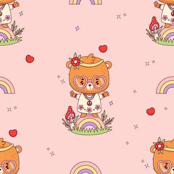 Seamless pattern with cute hippy bear girl on rainbow on pink background. F.. Stock Illustration