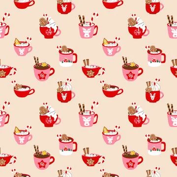 Seamless pattern with cute holiday mugs with a flat cartoon style Illustrazione stock