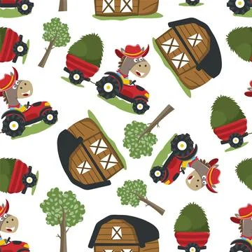 Seamless pattern of Cute horse and tractor in the farm, Stock Illustration