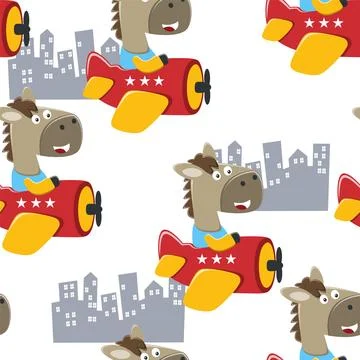 Seamless pattern of cute horse flying in an airplane, Stock Illustration