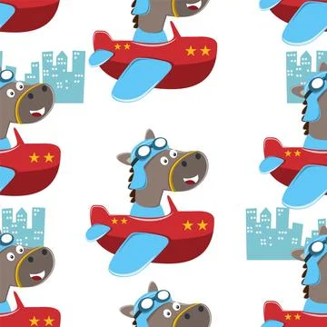 Seamless pattern of cute horse flying in an airplane Stock Illustration