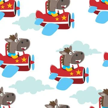 Seamless pattern of cute horse flying in an airplane, Stock Illustration