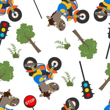 Seamless pattern of cute horse ride a motorcycle, Stock Illustration