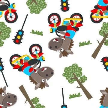 Seamless pattern of cute horse ride a motorcycle, Illustrazione stock