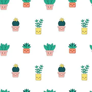 Seamless pattern with cute houseplants with faces Stock Illustration