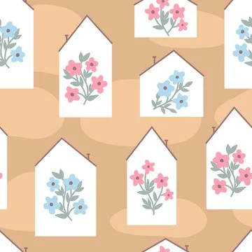 Seamless pattern with cute houses and flowers Stock-Illustration