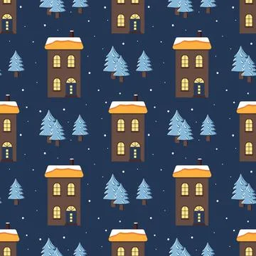 Seamless pattern with cute houses with a bright roof Ilustración de archivo
