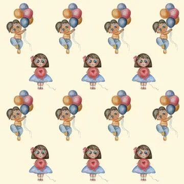 Seamless pattern Cute illustration of a beautiful boy and girl with colorful Stock Illustration