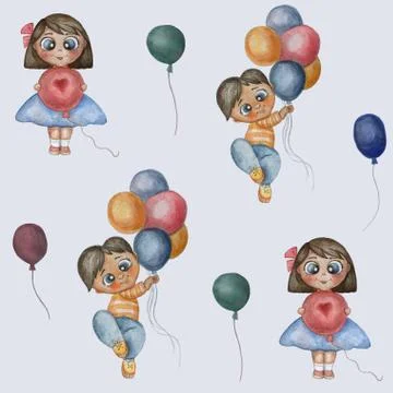 Seamless pattern. Cute illustration of a boy and girl with colorful balloons Stock Illustration