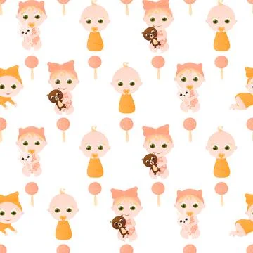 Seamless pattern with cute infant characters and rattles on white background in Stock Illustration